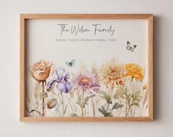 Family Birth Flower Garden Framed Print Gift for Mom Birth Flower Print Personalized Birth Month Flowers Custom Family Art Meaningful Decor