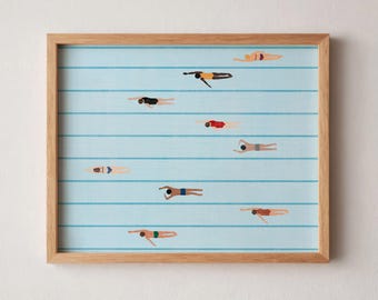 Tiny People Swimming in the Pool Print | Minimalist Pool Art | Gift for Swimmer Horizontal Office Decor | Digital Download | Printable Art