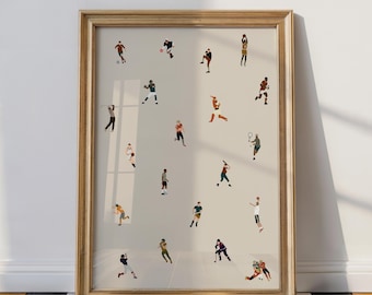Tiny Male Sports Players Print | Retro Minimalist People Art Gift for Baseball Dad Grandpa Vertical Office Decor Printable Digital Download