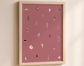 Tiny Ballerinas Print | Minimalist Ballet Dancers Art | Gift for Dancer | Dark Pink Little Girl Room Art Decor Unframed Matte Physical Print