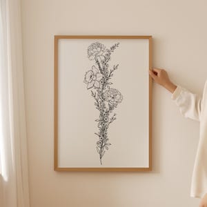 May include: A black and white line drawing of a bouquet of flowers in a vertical arrangement. The flowers include carnations, daffodils, and other small flowers.