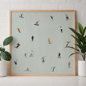 Tiny Ski Snowboarders Print | Minimalist Winter People Art | Gift for Skiing Dad | Modern Unique Office Decor Digital Download Printable Art
