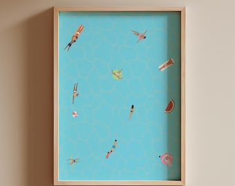 Tiny People in Swimming Pool Art | Bright Blue Cute Swimming Pool Print | Minimalist People Print | Summer Wall Poster | Digital Download