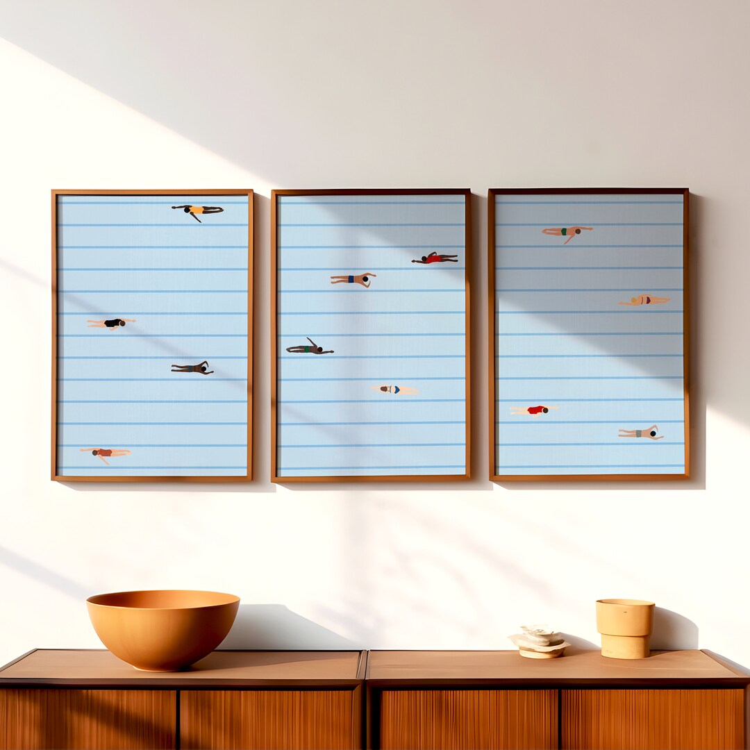 Set of 3 Minimalist Tiny Swimmer Prints | Swimming Pool Art | Summer ...