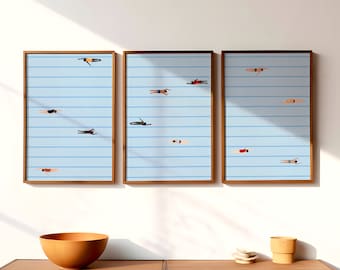 Set of 3 Minimalist Tiny Swimmer Prints | Swimming Pool Art | Summer Wall Poster | Pool House Decor | Beach House | Digital Download