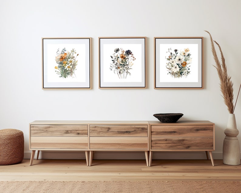 Set of 3 Wildflower Bouquets | Triptych Vintage Floral Wall Art ...