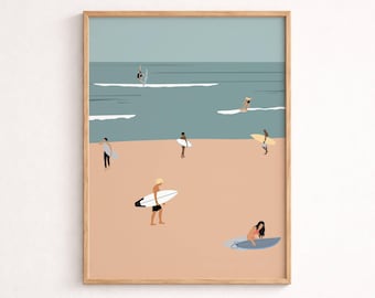 Lámina de surfistas en la playa / Póster de verano / Decoración para casa de playa / Regalo para surfistas / Arte de pared minimalista / Pareja surfeando en la playa / Descarga digital