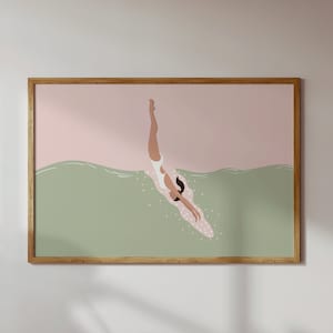 Retro Swimmer Diving Print | Vintage Pink Pool Diver Art | Summer Wall Poster | Pool House Decor Beach House Digital Download Printable Art