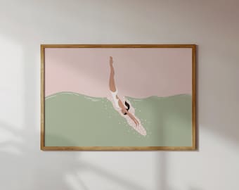 Retro Swimmer Diving Print | Vintage Pink Pool Diver Art | Summer Wall Poster | Pool House Decor Beach House Digital Download Printable Art