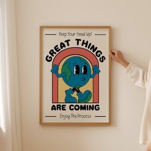 Great Things Retro Cartoon Maskotka Wydruk | Affirmations Vintage Plakat | Uroczy Pozytywny Cytat | Sztuka w Akademiku | Pokój Dziecięcy | Pobieranie Cyfrowe