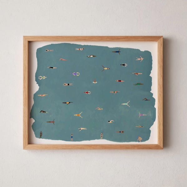 Arte de personas diminutas en la piscina / Póster minimalista de verano para nadar / Regalo para nadadores / Decoración para la casa de la piscina / Descarga digital / Arte imprimible