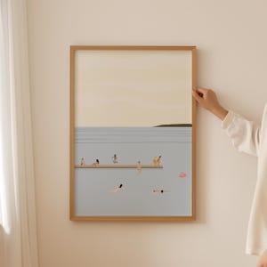 Arte de personas diminutas nadando en el lago / Impresión de personas lindas en el lago en verano / Arte minimalista de casa de playa con luz / Arte de descarga digital de decoración de casa con piscina