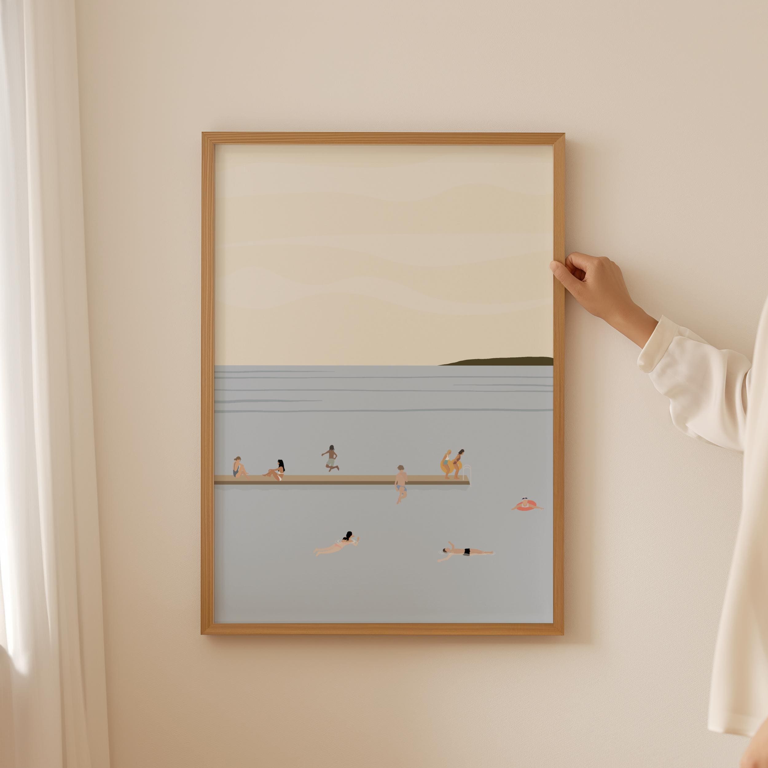 Tiny People Swimming in Lake Art | Cute Summer Lake People Print | Minimalist Light Beach House Art | Pool House Decor Digital Download Art