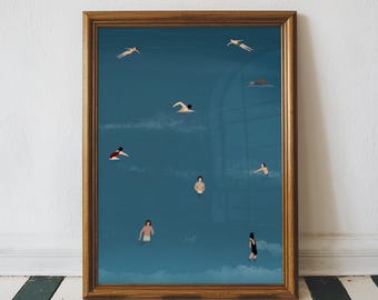 Tiny People Swimming in Pool Art | Swimming Pool Print | Summer Poster | Minimalist Gift for Swimmer | Pool House Decor | Digital Download