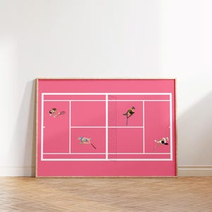 May include: A framed print of a pink tennis court with four figures playing tennis. The figures are stylized and appear to be birds.