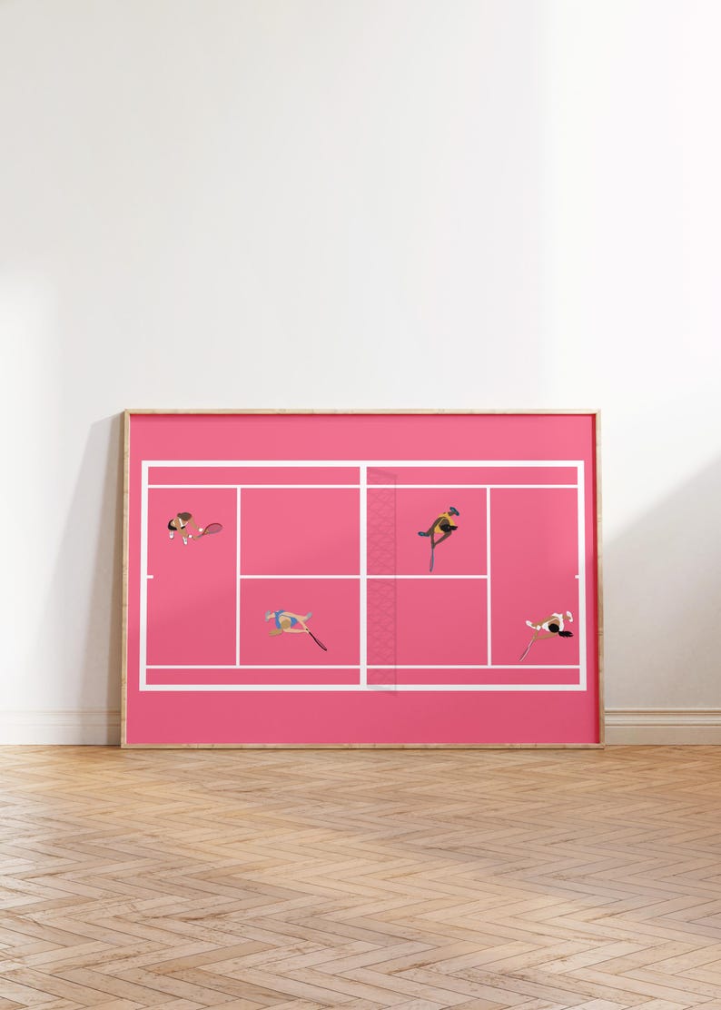 May include: A framed print of a pink tennis court with four figures playing tennis. The figures are stylized and appear to be birds.