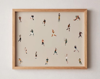 Tiny Male Sports Players Print Retro Minimalist People Art Gift for Baseball Dad Grandpa Horizontal Office Decor Instant Printable Wall Art