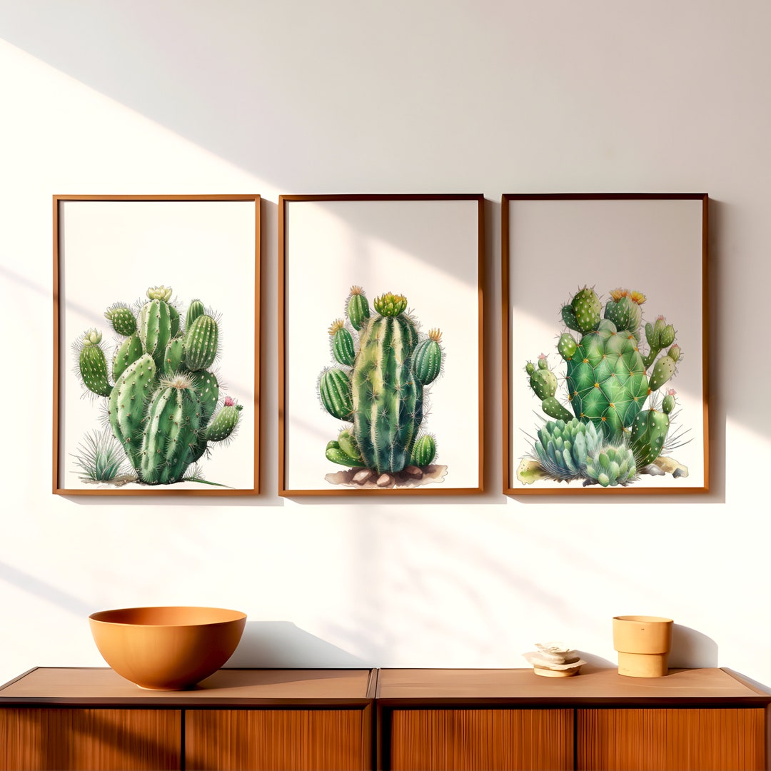 Set of 3 Watercolor Cactus Prints | Western Desert Decor | Cowboy Wall ...