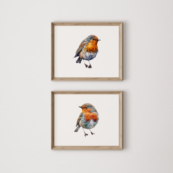 Set of 2 Robin Bird Prints | Watercolor Bird Art | Good Luck Happiness Rebirth | Digital Download