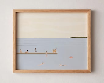 Tiny People Swimming in Lake Art | Summer Lake People Print | Minimalist Beach House Poster | Pool House Decor | Physical Art Print Unframed