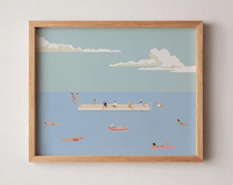 Tiny People Swimming in Lake Art | Summer Lake People Print | Minimalist Beach House Art | Pool House Decor | Digital Download Printable Art