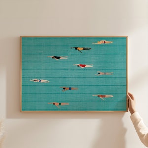 Personas nadando en la piscina / Póster de pared de verano / Personas pequeñas nadando / Arte de la casa de la piscina del lago / Descarga digital / Arte de pared imprimible