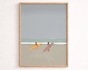 Surfistas en la playa. Lámina minimalista de verano para pared. Ideal para dormitorios costeros junto al mar. Decoración moderna para casas de playa con temática de surfistas y gente del océano. Descarga digital.