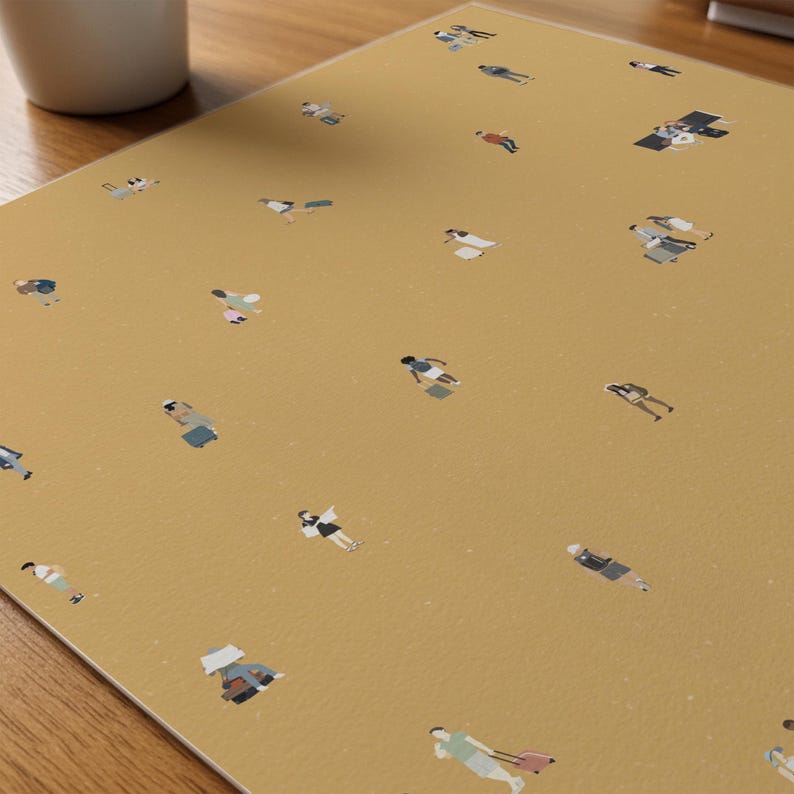 May include: Mustard-colored rectangular mat with a repeating pattern of tiny figures, each depicted in a minimalist style. The figures are in various poses, some with luggage, suggesting travel or leisure. The mat is likely for a desk or table.