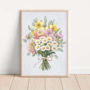 May include: A watercolor painting of a bouquet of flowers. The bouquet includes white daisies, yellow daffodils, and pink and purple flowers. The flowers are tied together with a brown ribbon.