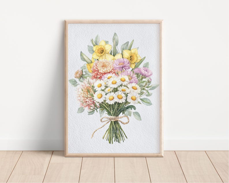 May include: A watercolor painting of a bouquet of flowers. The bouquet includes white daisies, yellow daffodils, and pink and purple flowers. The flowers are tied together with a brown ribbon.
