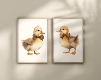 Set of 2 Baby Duck Prints | Watercolor Duckling Art | Baby Nursery Decor | Kids Room Posters | Ducks with Bowties | Digital Download