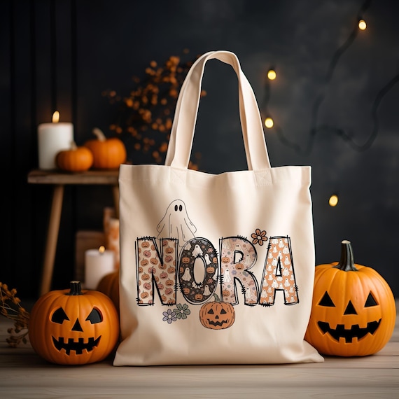 Custom Retro Halloween Canvas Tote Bag Personalized Trick-Or-Treat Bag School Halloween Kids Gift | Toddler Goodie Food Basket Bag Monogram