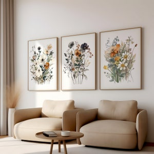 Set of 3 Wildflower Bouquets | Triptych Vintage Floral Wall Art ...