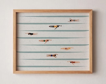 Tiny Swimmers in Pool Print | Horizontal Swimming Pool Print | Cute Summer Poster | Minimalist Wall Art | Beach House Decor Digital Download