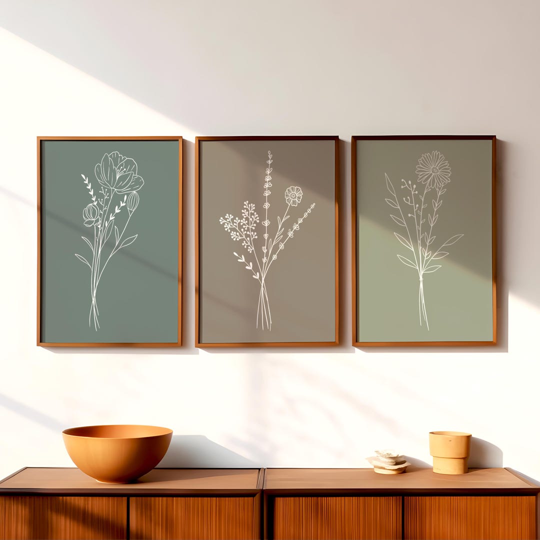 Set of 3 Neutral Green Wildflower Bouquet Prints | Botanical Flower ...