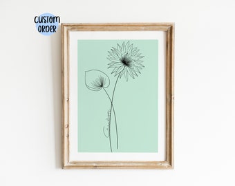 Minimalist Birth Month Flower Art | Custom Family Print | Line Art Flower with Name | Digital Download