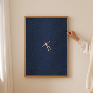 Man Floating in Water | Swimming Pool Wall Art |Tiny People Swim Minimalist Summer Dark Pool Print | Dark Ocean Beach Art | Digital Download