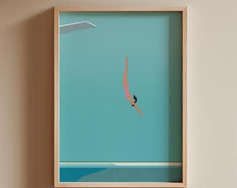 Woman Diving in Pool Art Print | Minimalist Summer Wall Poster (Digital Download)