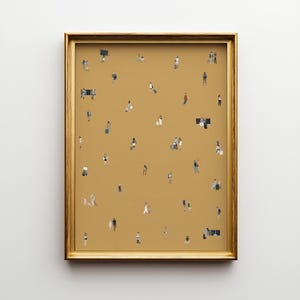 May include: A framed art print featuring a mustard-colored background with numerous tiny figures. The figures are dressed in various outfits, suggesting a crowd or gathering. The frame is a gold color, adding a touch of elegance to the artwork.