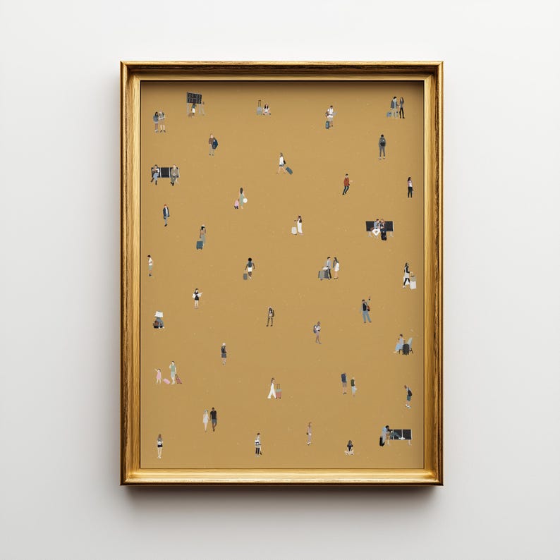 May include: A framed art print featuring a mustard-colored background with numerous tiny figures. The figures are dressed in various outfits, suggesting a crowd or gathering. The frame is a gold color, adding a touch of elegance to the artwork.
