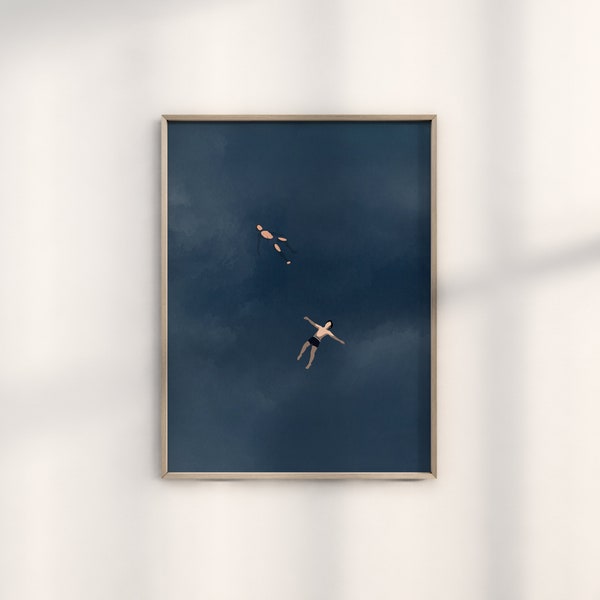 Men Floating in Clouds Print | Swimming Pool Art | Dark Moody Art | Summer Beach Poster | Digital Download | Printable Wall Art
