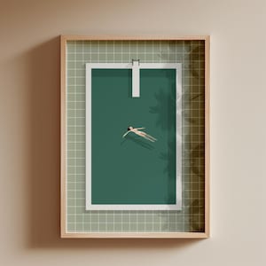 Girl Floating in Pool Print | Green Swimming Pool Wall Art | Minimalist Aesthetic Cute Pool Print Beach Decor Digital Download Printable Art