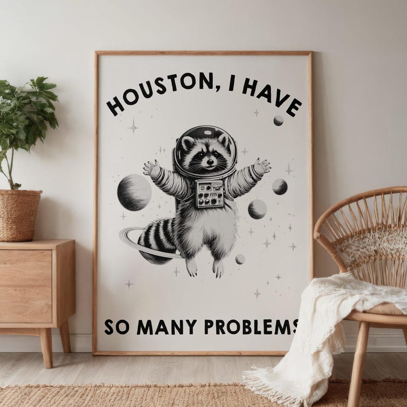 May include: A rectangular wall poster featuring a black and white illustration of a raccoon wearing a space helmet and suit, floating among planets and stars. The text reads HOUSTON, I HAVE SO MANY PROBLEMS in bold black capital letters.