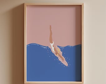 Woman Diving in Pool Print | Girl Jumping in the Pool Print | Pink Swimming Pool Art | Cute Summer Pool House Poster | Digital Download Art
