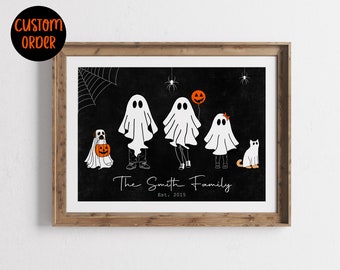 CUSTOM Family Ghost Art | Personalized Family Art | Halloween Family with Pet Wall Print | Digital Download | Printable Wall Art