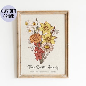 Family Birth Flower Bouquet | Birth Month Antique Flower Art | CUSTOM Personalized Christmas Gift for Mom | Digital Download Printable Art