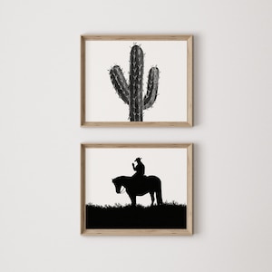 May include: Two framed black and white prints. The top print features a silhouette of a cactus. The bottom print features a silhouette of a cowboy riding a horse.