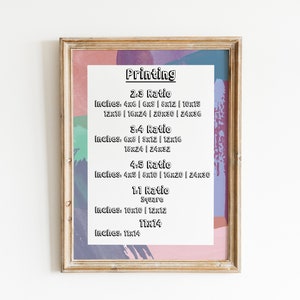 May include: A framed print with a pink, green, and blue abstract background. The print lists different printing ratios and corresponding inch measurements for each ratio. The text reads "Printing" at the top and includes the ratios 2:8, 8:4, 4:5, and 1:1.