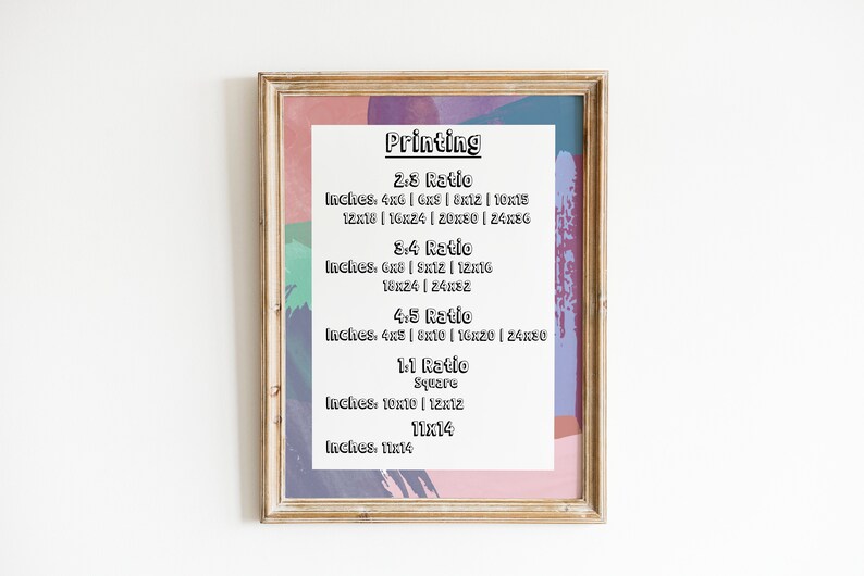 May include: A framed print with a pink, green, and blue abstract background. The print lists different printing ratios and corresponding inch measurements for each ratio. The text reads "Printing" at the top and includes the ratios 2:8, 8:4, 4:5, and 1:1.