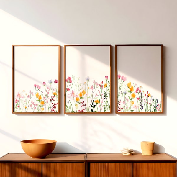 Lot de 3 affiches de fleurs sauvages | Triptyque d'art mural floral | Impression aquarelle | Téléchargement numérique | Art mural imprimable